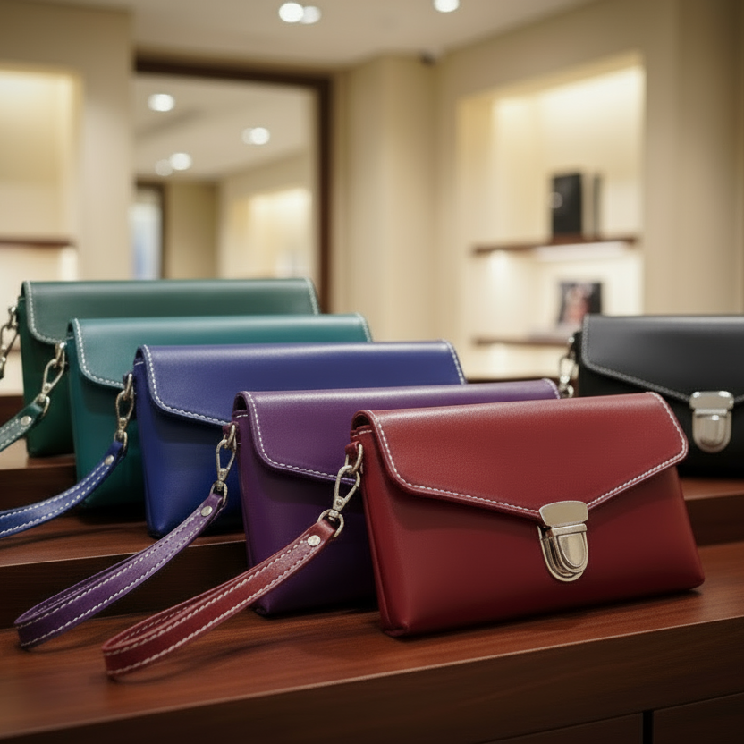 Row of colorful handbags on a wooden surface with a blurred store interior in the background.