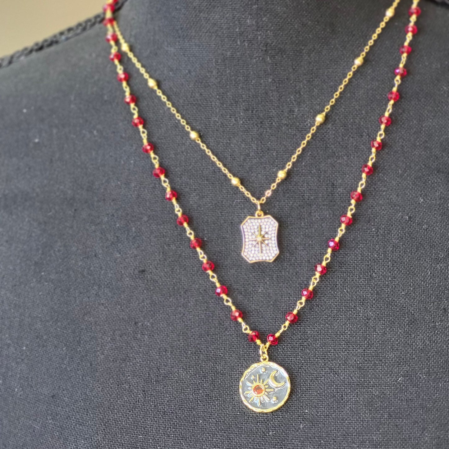 Garnet Rosary Chain with Enameled Moon & Micro Pave North Star Pendants- Celestial Charm Necklace