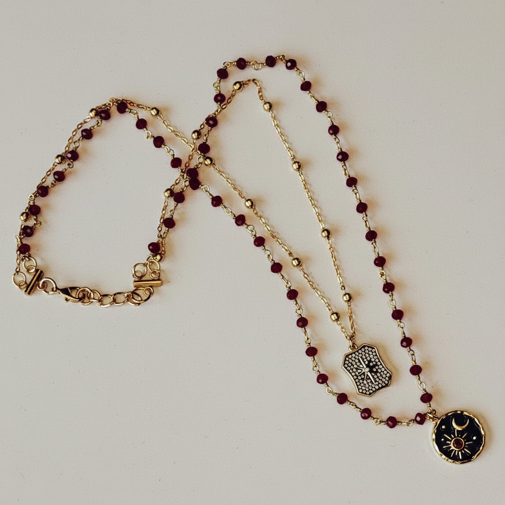 Garnet Rosary Chain with Enameled Moon & Micro Pave North Star Pendants- Celestial Charm Necklace