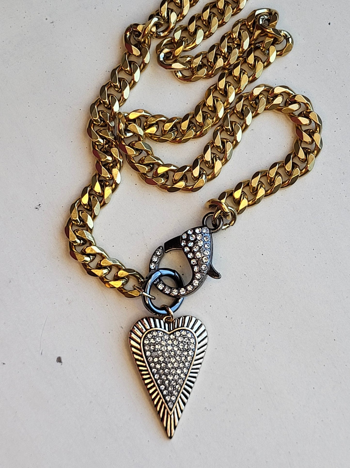 Chunky Curb Chain Necklace with Glittering Pave Heart and Oversized sparkly Lobster Clasp - Glam Jewelry