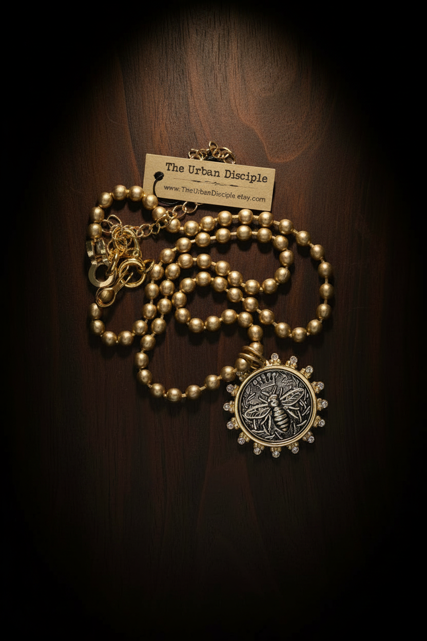 Queen Bee Pendant With Rhinestone Bezel on Matte Gold Ball Chain Necklace