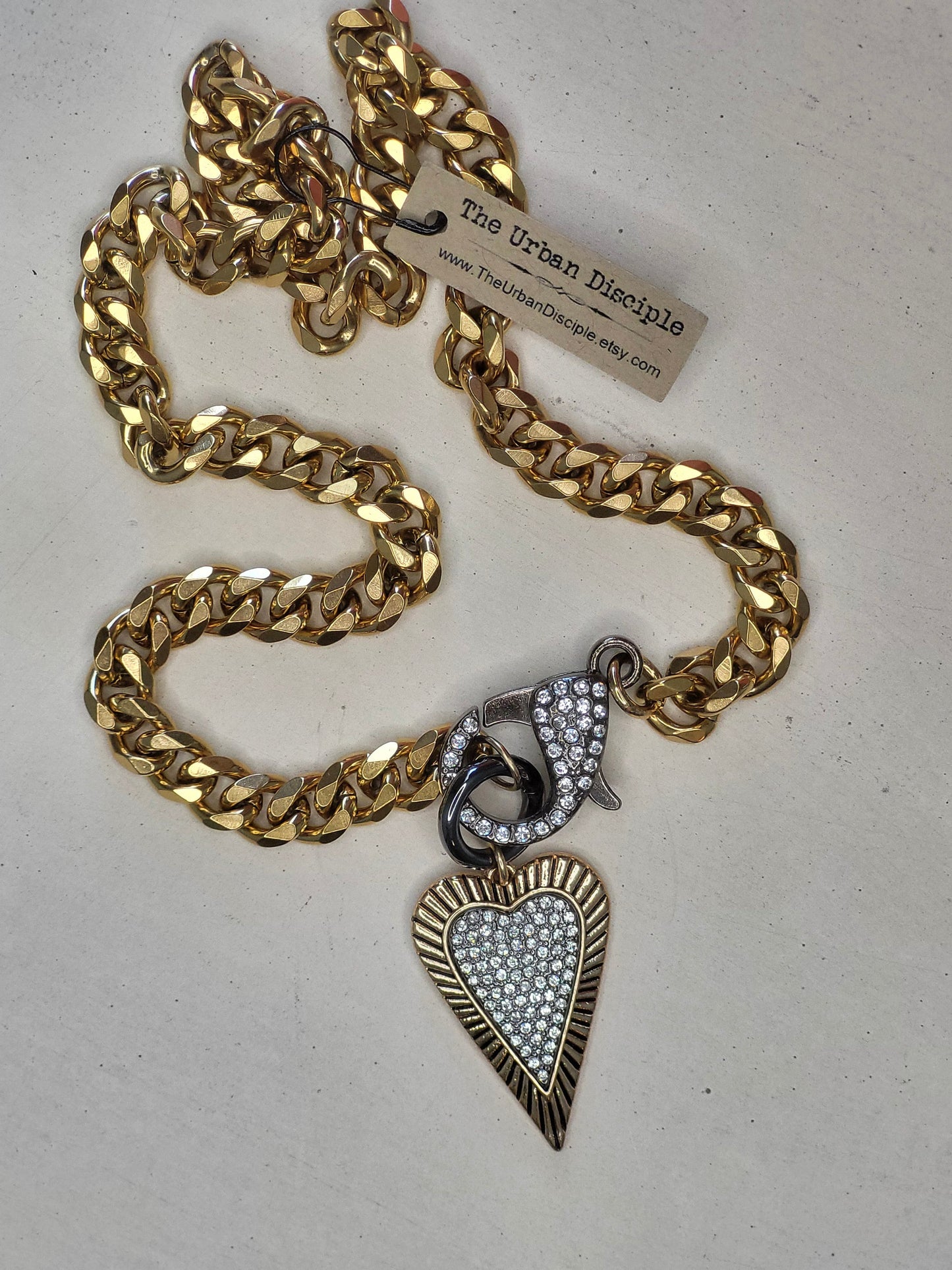 Chunky Curb Chain Necklace with Glittering Pave Heart and Oversized sparkly Lobster Clasp - Glam Jewelry