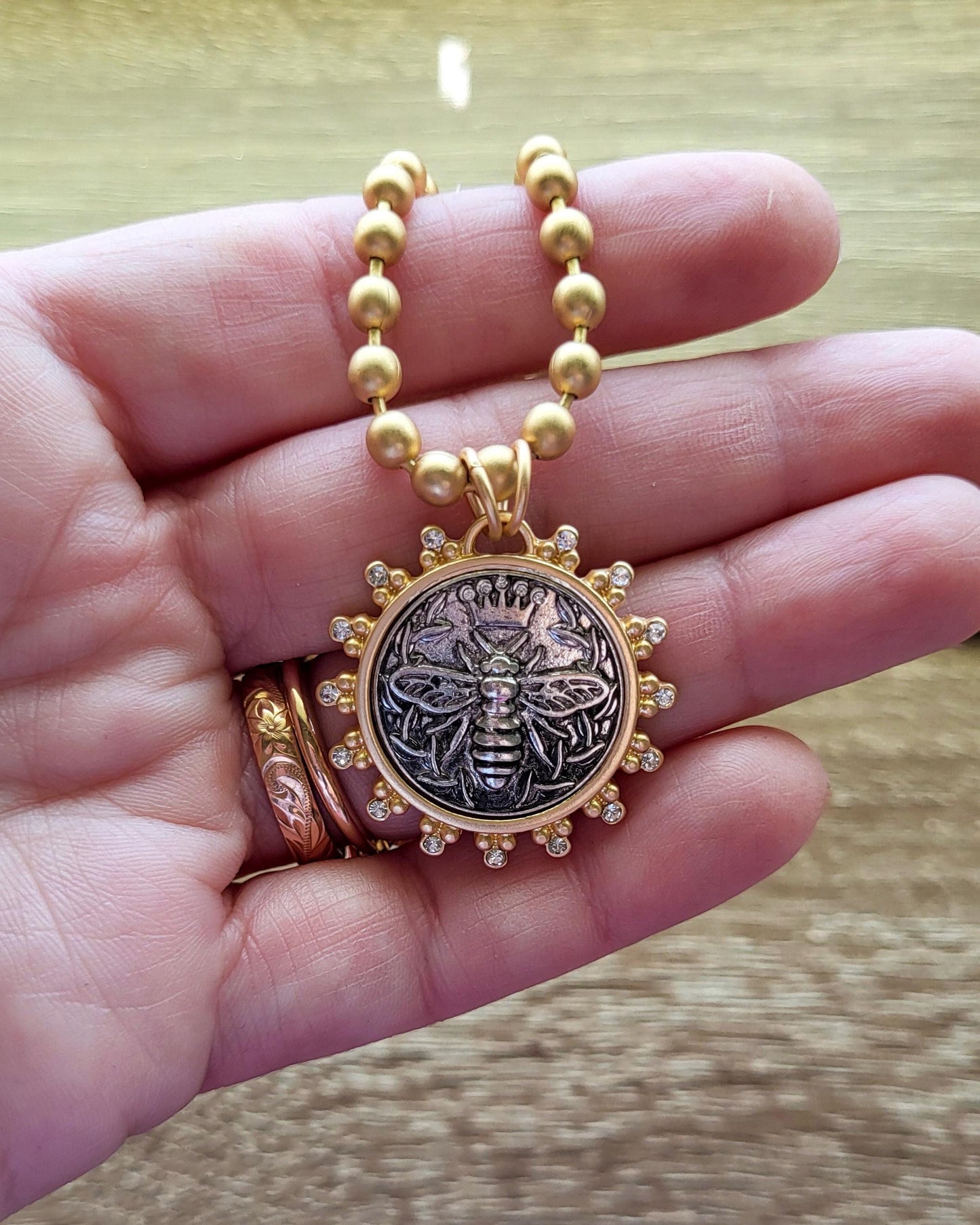French Bee Coin Pendant on chunky Silver Ball Chain , Handmade Customized Necklace