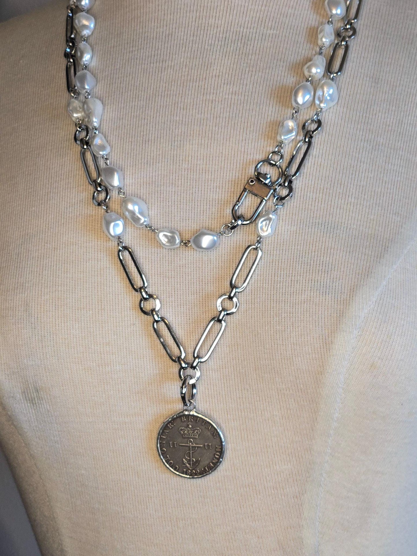 Pearl Necklace- Porcelain Baroque Pearls With Silver Industrial Clasp - Layering Necklace- Elegant Jewelry