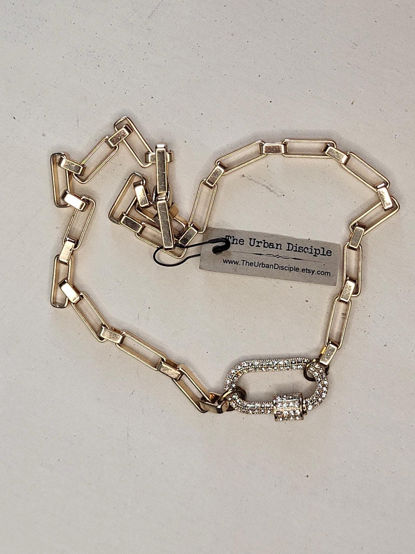 Chunky Paperclip Link Chain Choker Necklace - 14K Gold Plated Chain with Pave Carabiner Clasp