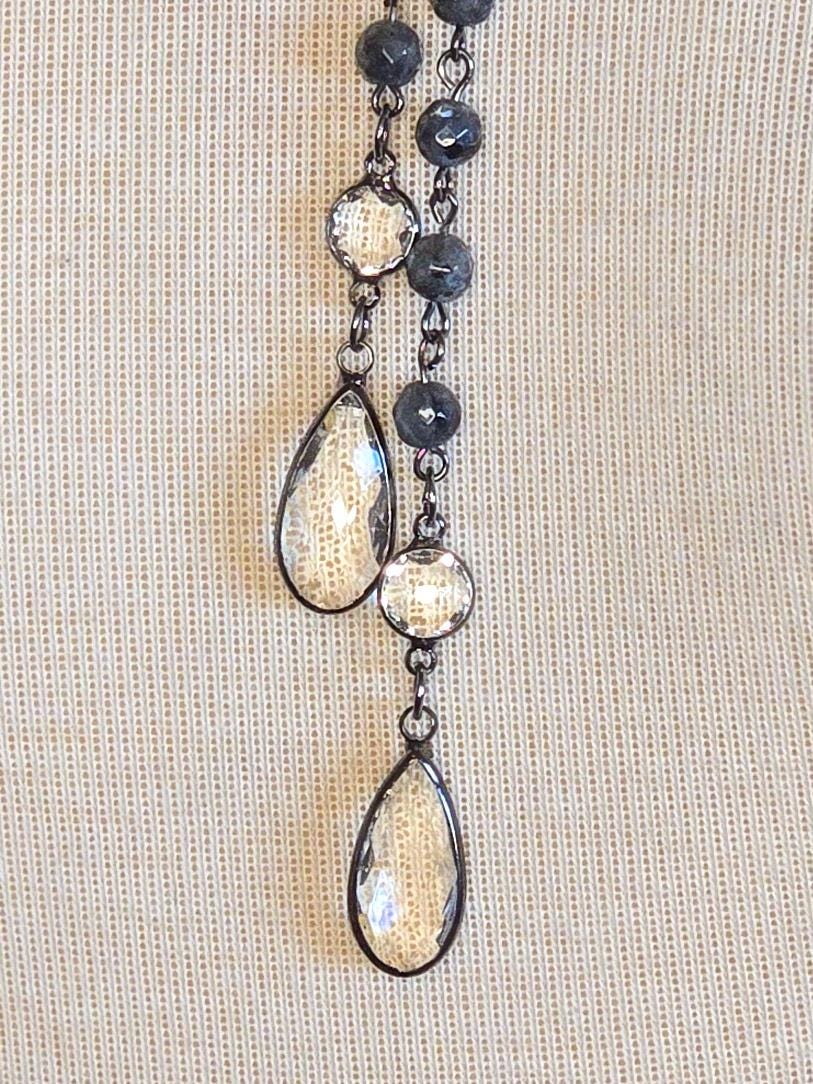 Y Necklace With Austrian Crystals and Genuine Labradorite - Layering Necklace, Statement Jewelry