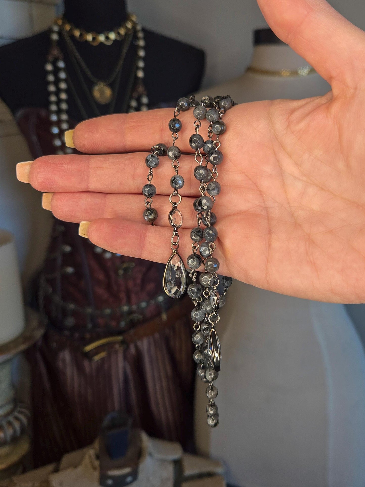 Y Necklace With Austrian Crystals and Genuine Labradorite - Layering Necklace, Statement Jewelry