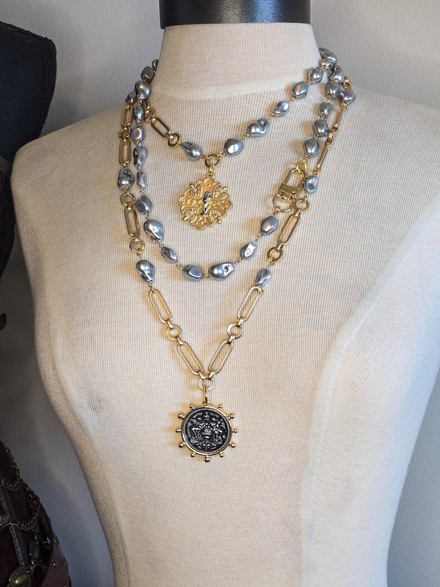 French Harvest Abundance Medal Necklace on Designer Gold Chain With Porcelain Baroque Pearls - Elegant Jewelry