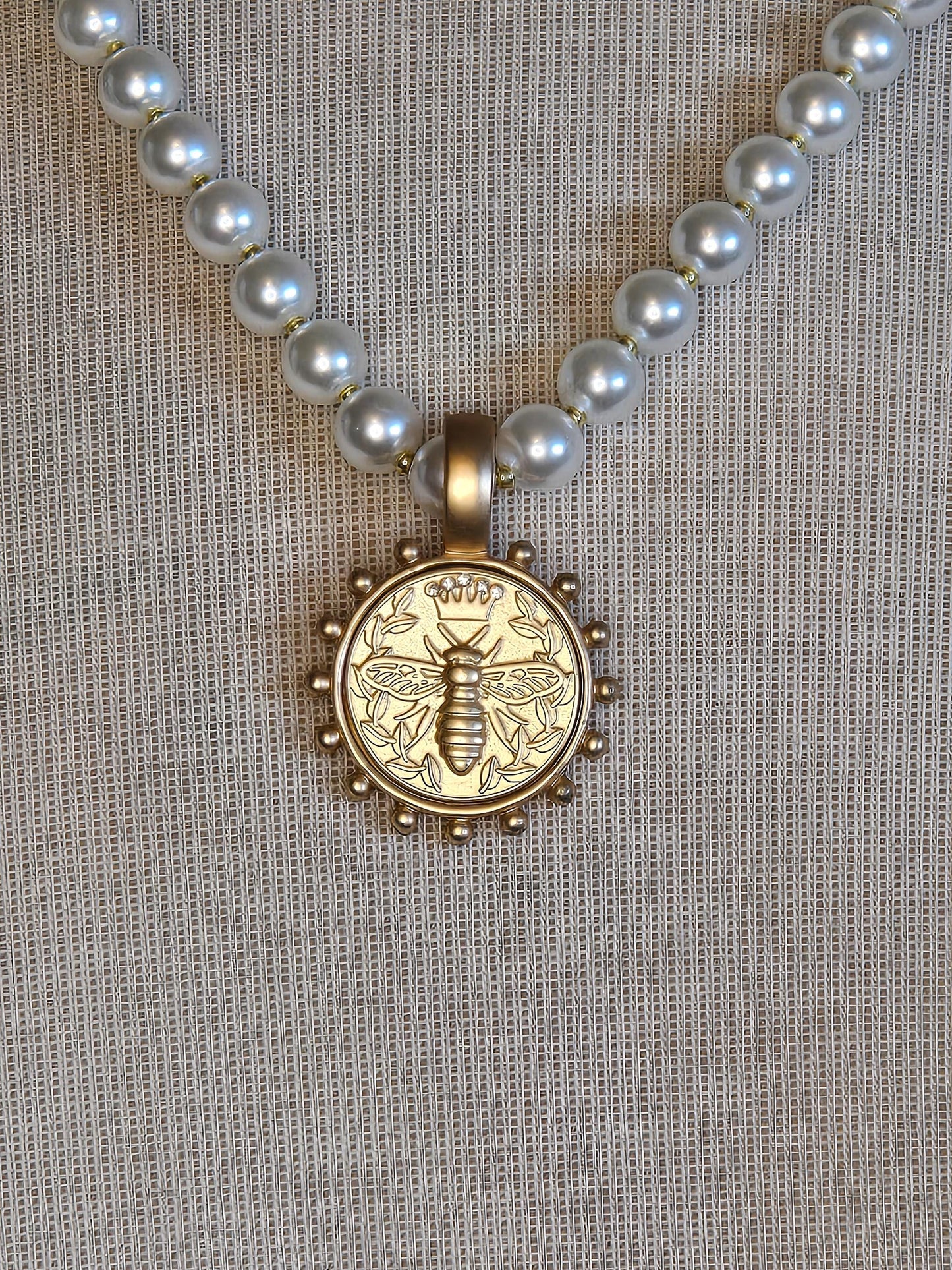 Feminine Pearl Necklace accented with Gold Queen Bee Coin Pendant - Handcrafted Jewelry Gift