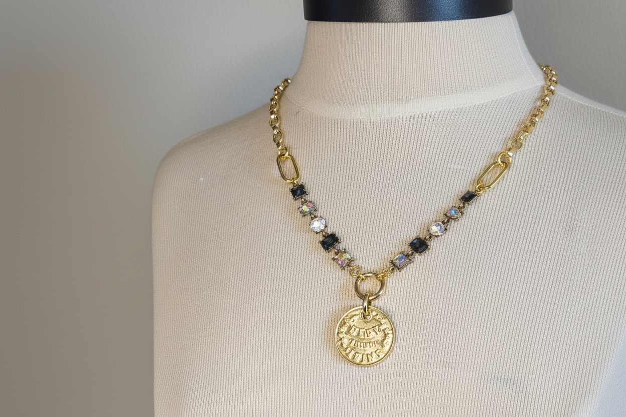 French Champagne Coin Replica Necklace - Handcrafted Crystal & Gold Plated Mixed-Link Chain