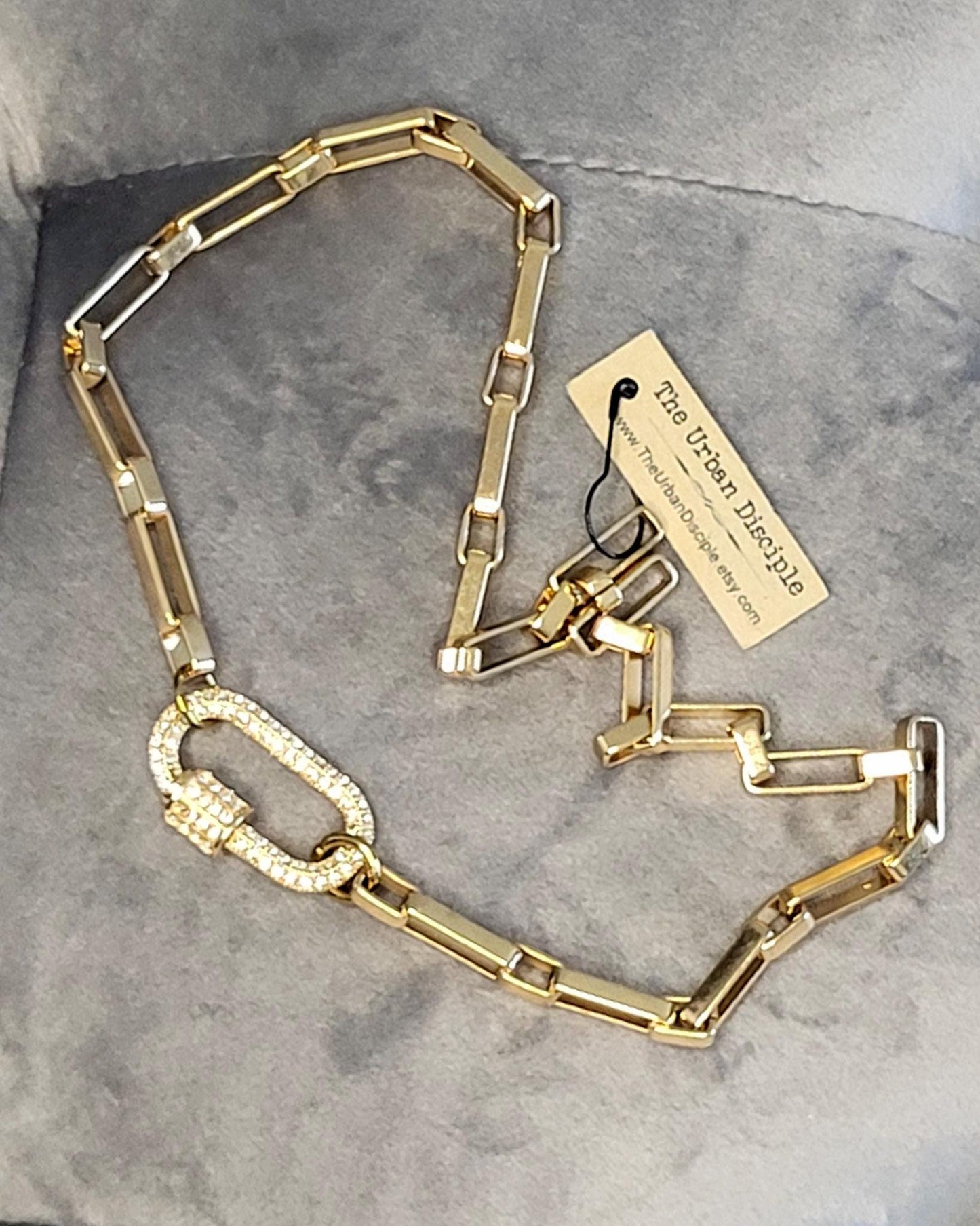 Chunky Paperclip Link Chain Choker Necklace - 14K Gold Plated Chain with Pave Carabiner Clasp