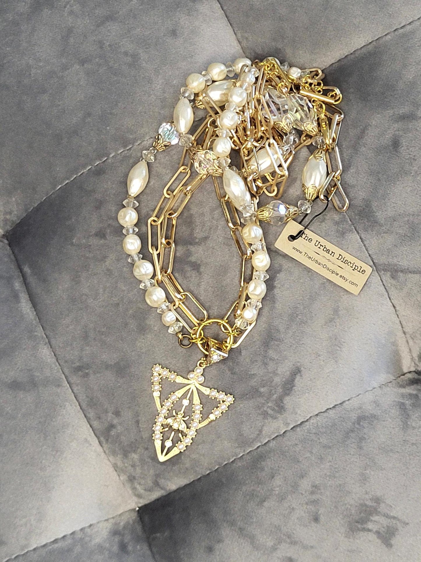 One-Of-A-Kind Repurposed Vintage Pearl Necklace featuring Unusual Gold Bee Pendant