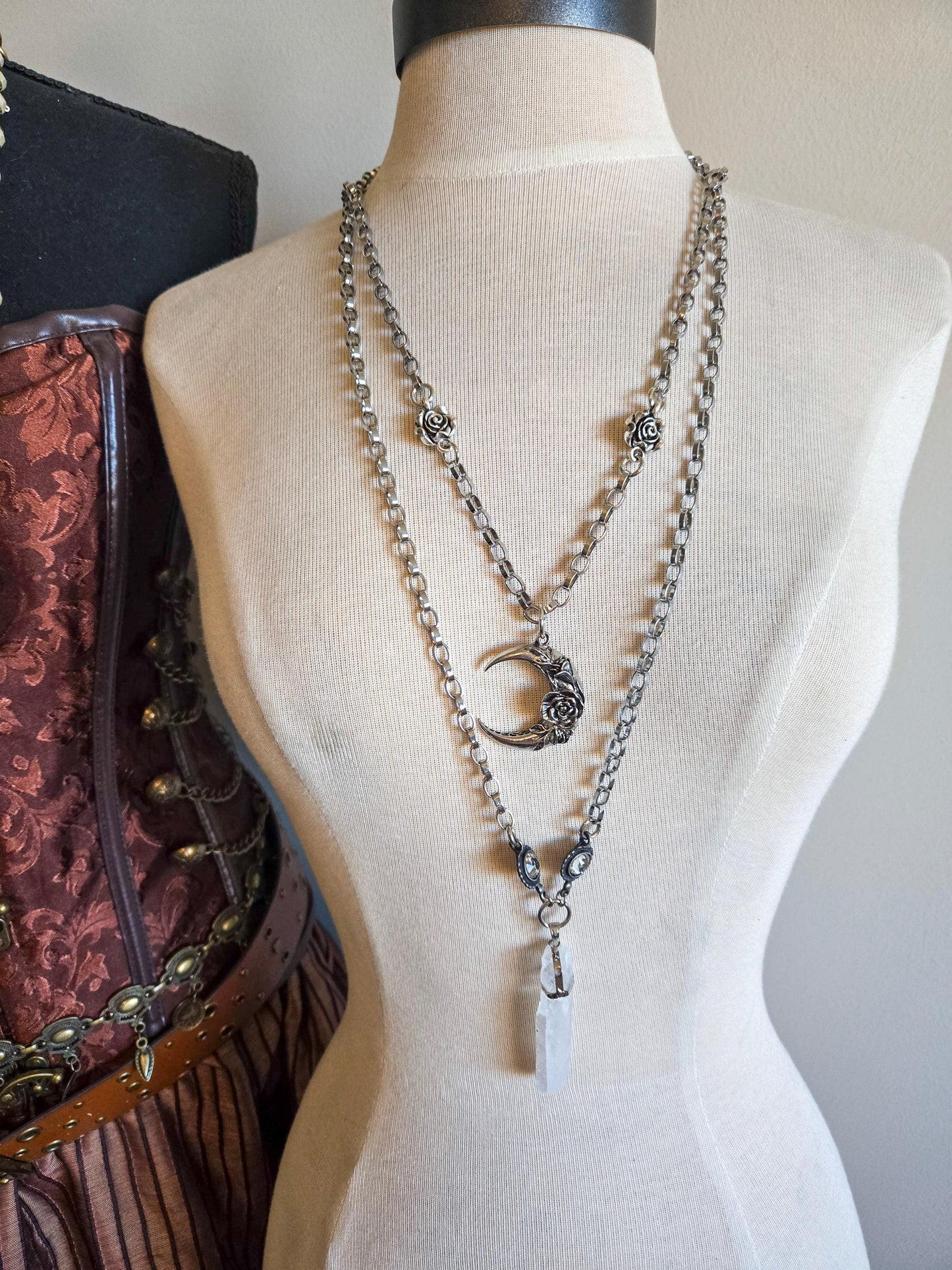 Lunar Rose Pendant Necklace - Long Silver Chain with Moon and Rose Connectors- Long Boho Statement Necklace