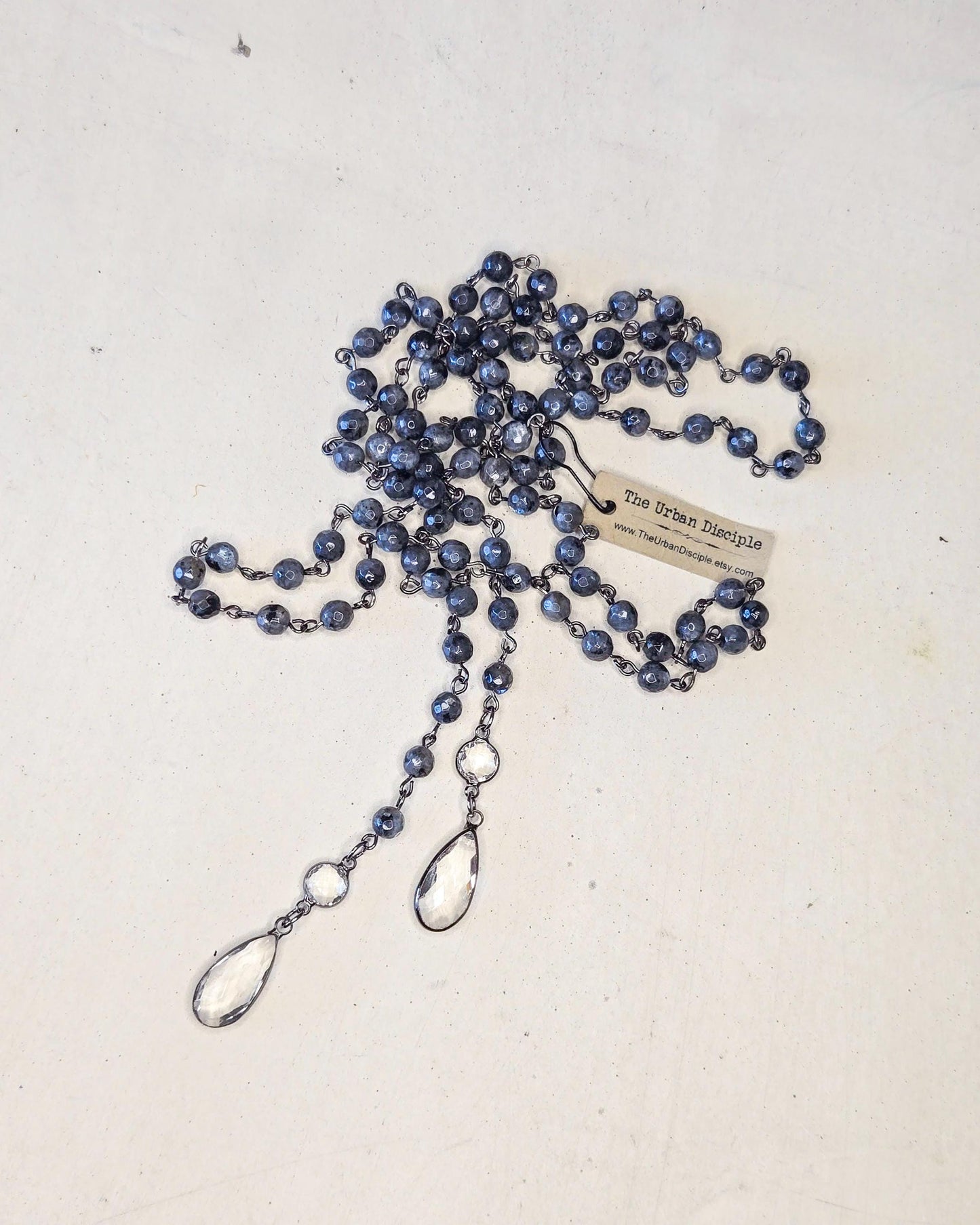 Y Necklace With Austrian Crystals and Genuine Labradorite - Layering Necklace, Statement Jewelry