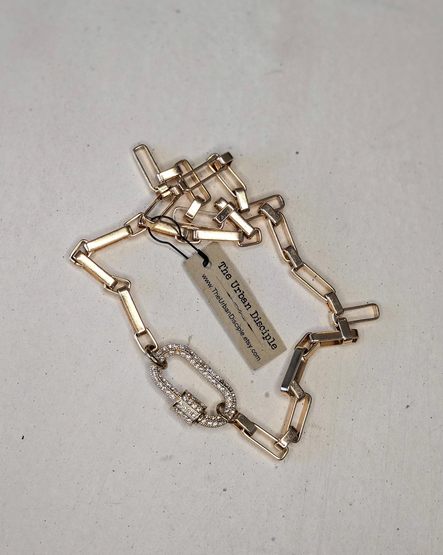 Chunky Paperclip Link Chain Choker Necklace - 14K Gold Plated Chain with Pave Carabiner Clasp
