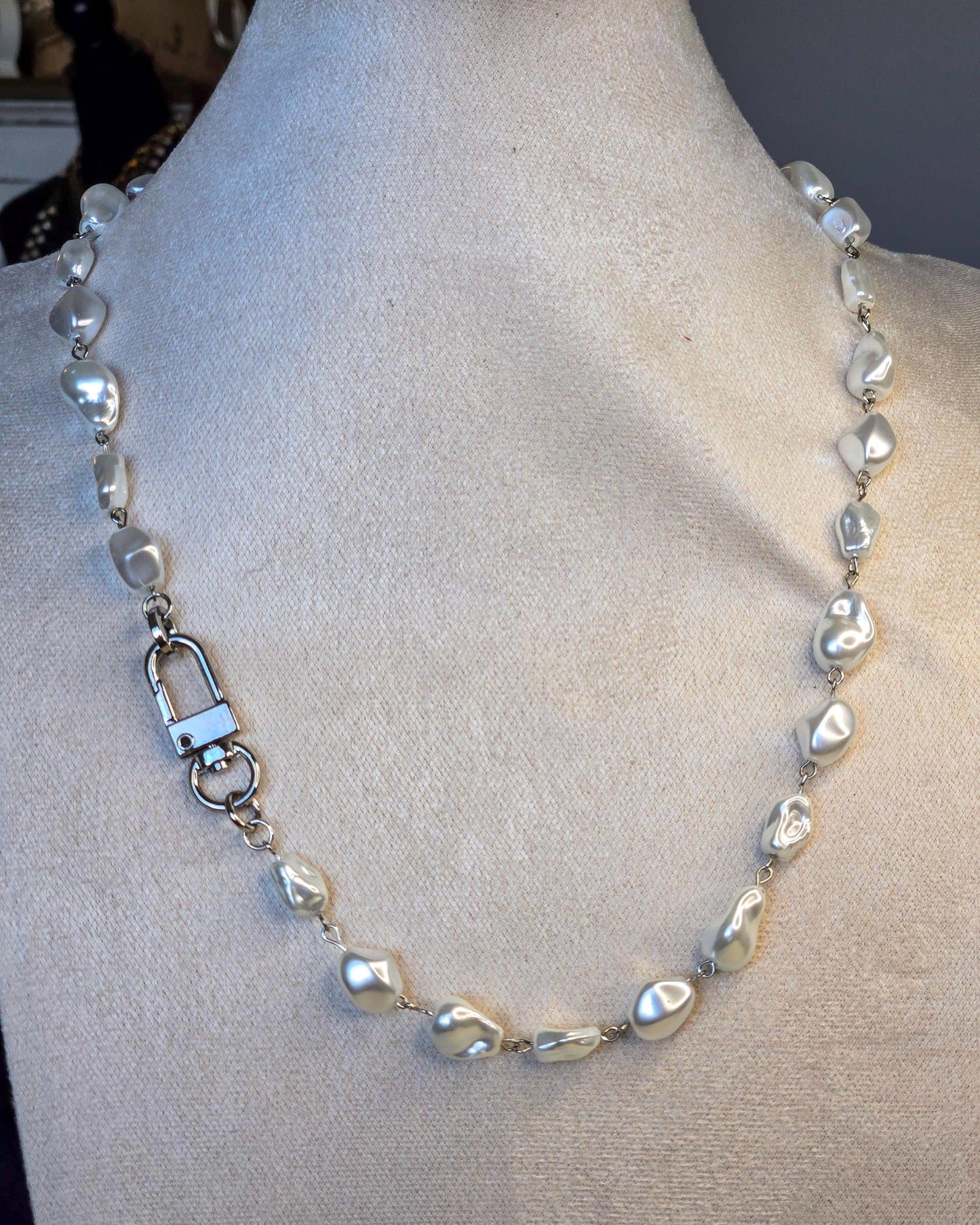 Pearl Necklace- Porcelain Baroque Pearls With Silver Industrial Clasp - Layering Necklace- Elegant Jewelry