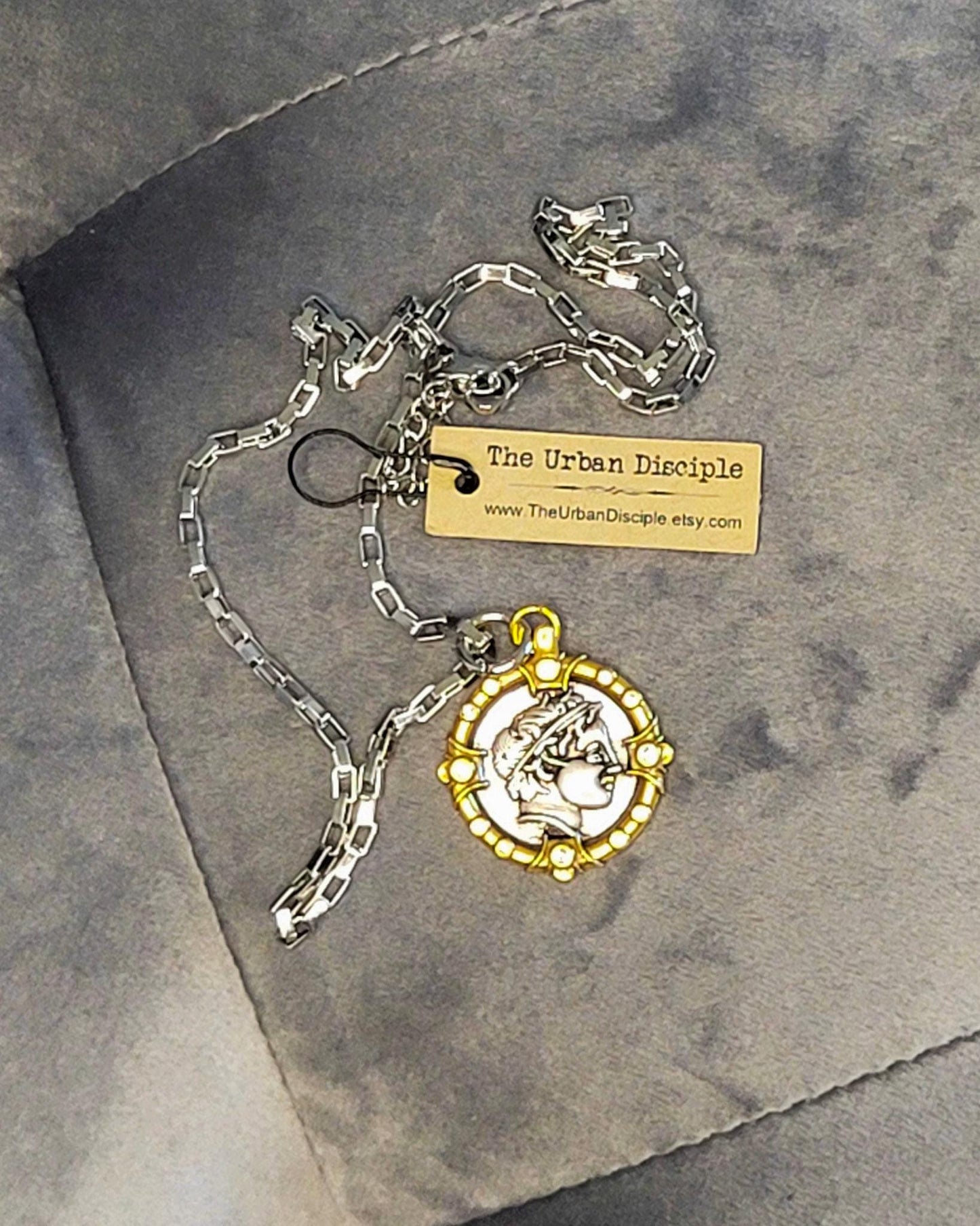 Antique Greek Drachma Coin Replica on 18" Silver Box Link Chain - Mixed Metal Coin Necklace
