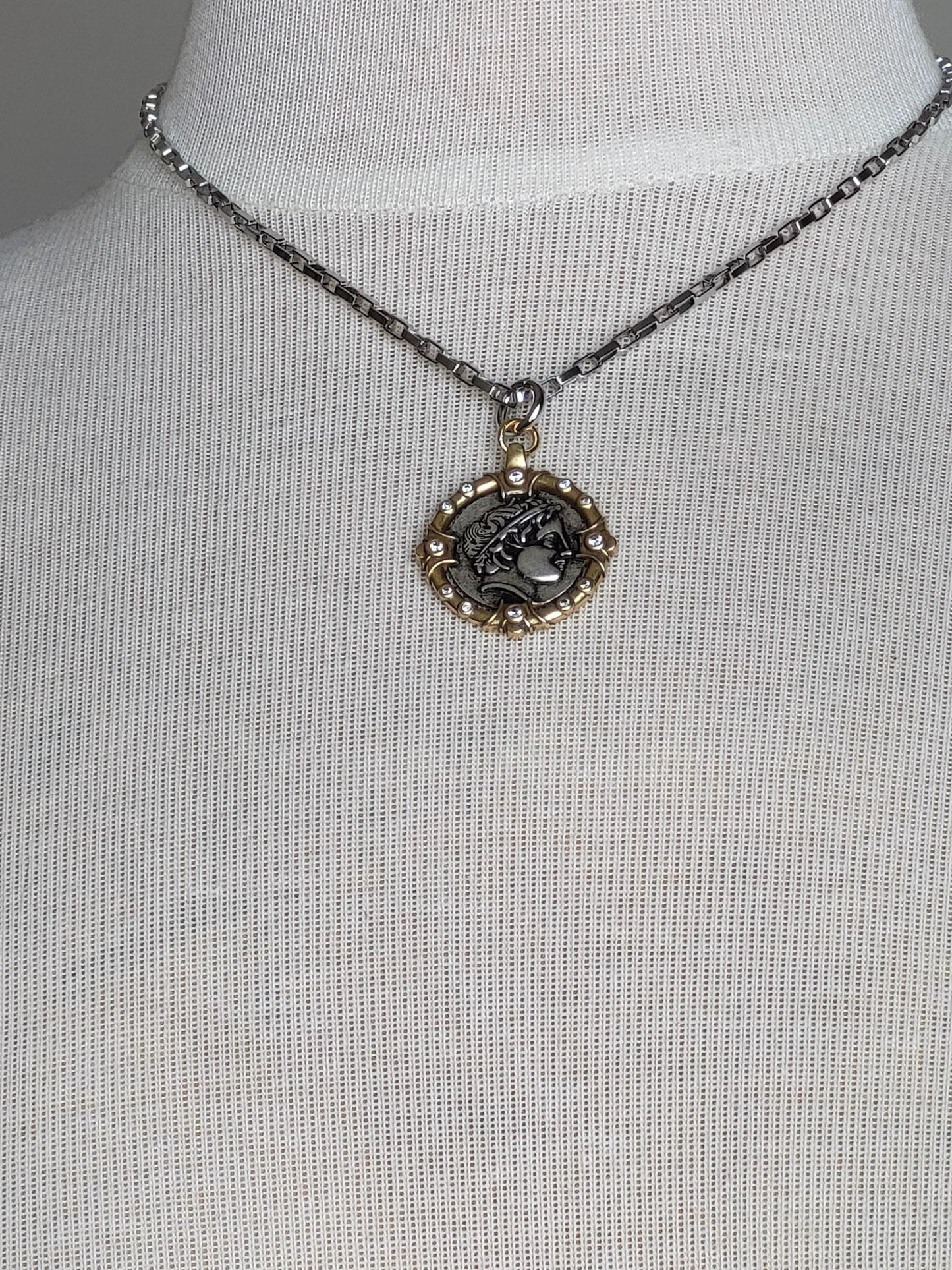Antique Greek Drachma Coin Replica on 18" Silver Box Link Chain - Mixed Metal Coin Necklace