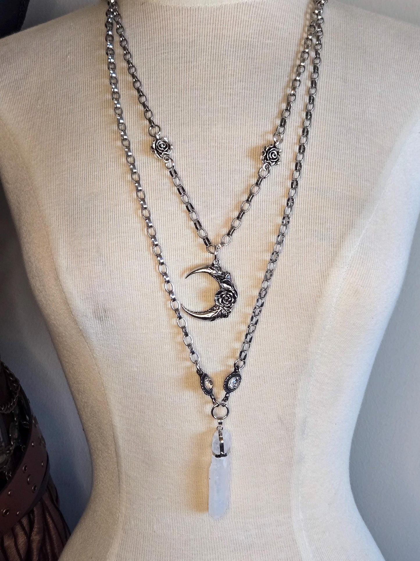 Quartz Pendant Necklace - Long Silver Chain with genuine quartz and large Swarovski Crystal Connectors- Long Boho Statement Necklace