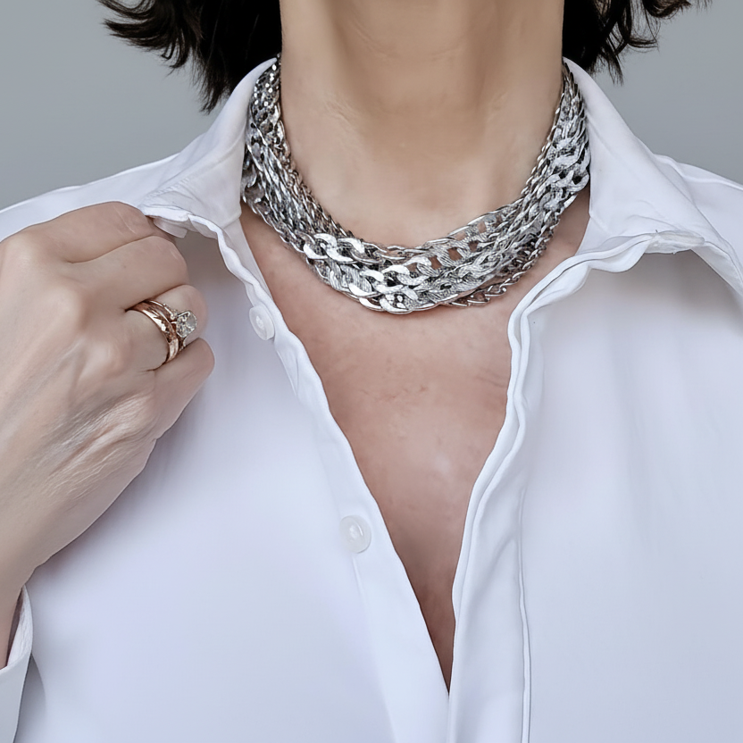 Chunky Silver Cuban Curb Chain Choker: Stainless Steel O-Ring