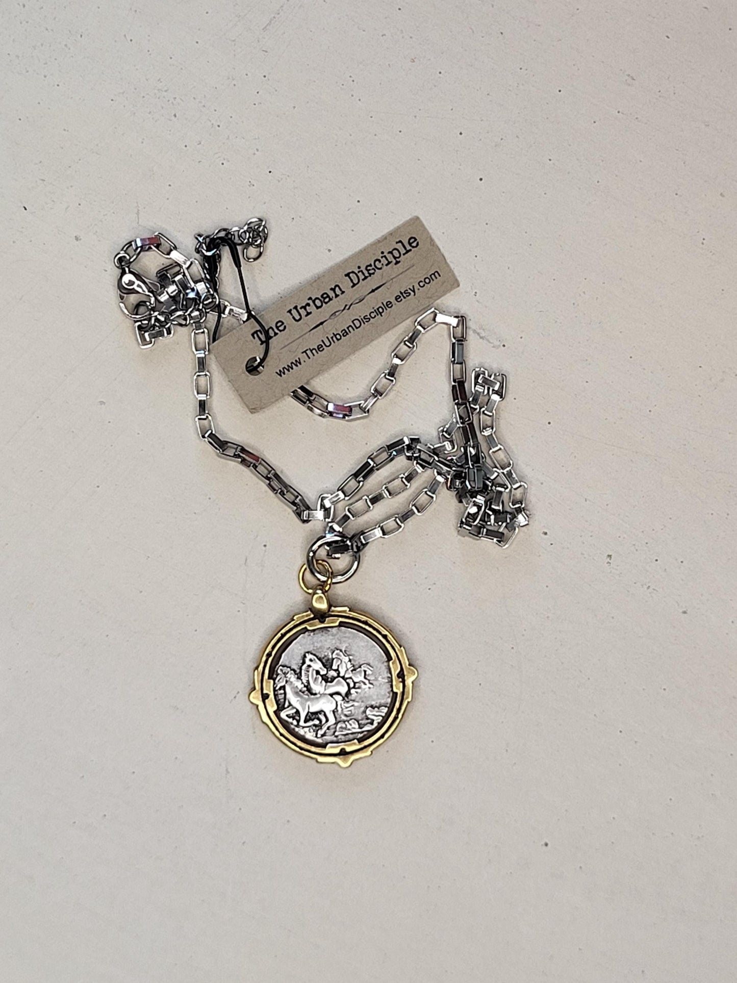 Antique Greek Drachma Coin Replica on 18" Silver Box Link Chain - Mixed Metal Coin Necklace