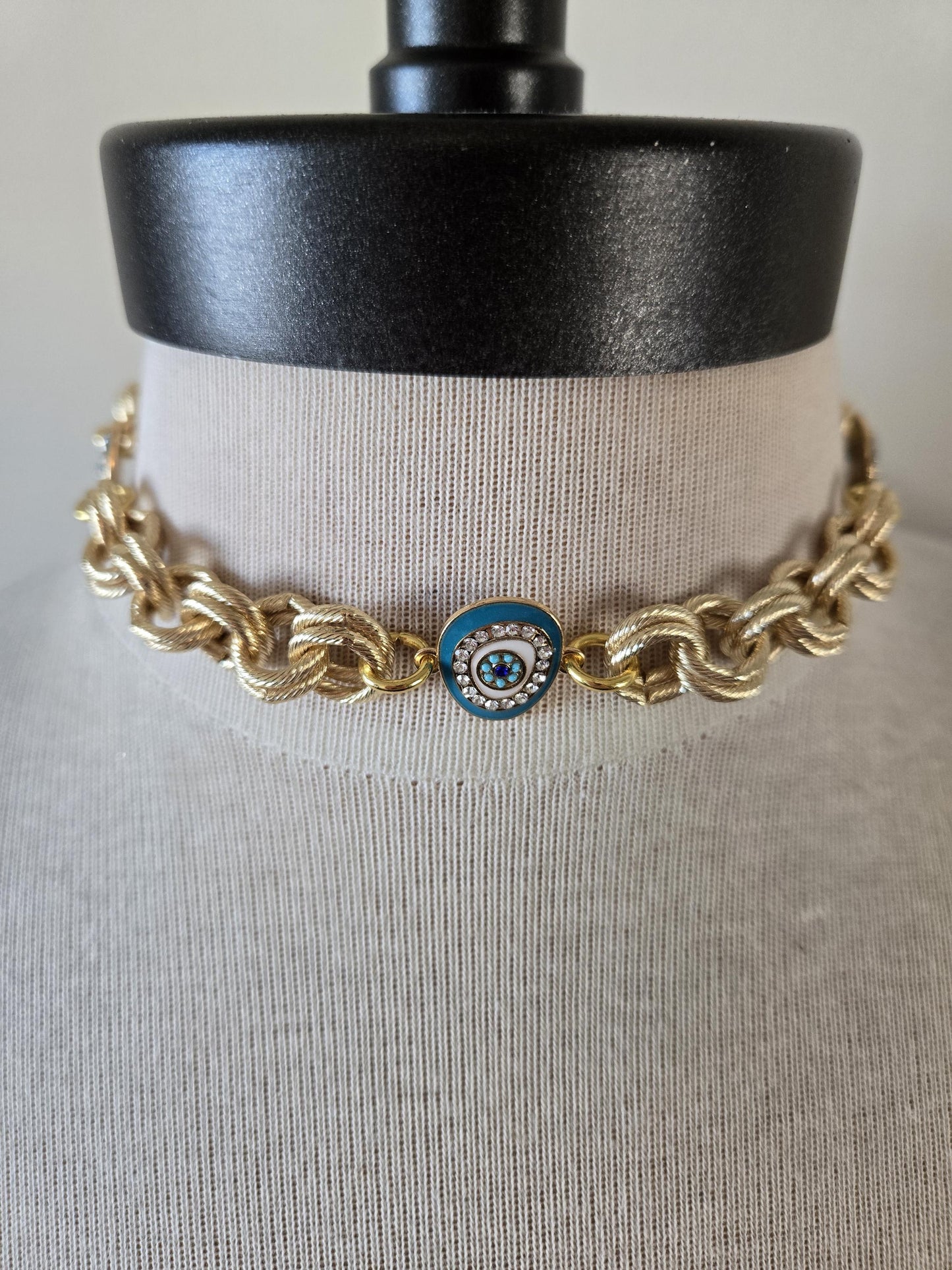 Gold Choker with Enamel Turquoise Evil Eye Connectors- Chunky Gold and Turquoise Choker- Gold and Turquoise Jewelry, Layering Necklace