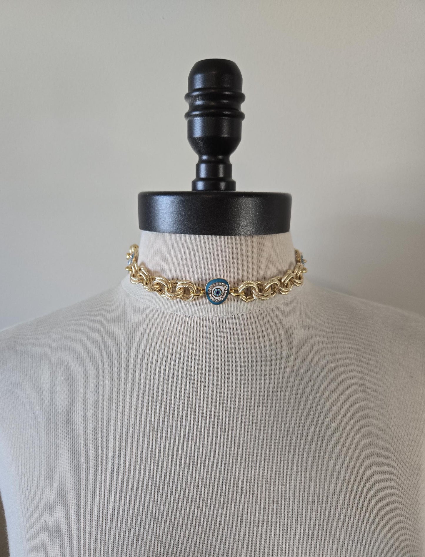 Gold Choker with Enamel Turquoise Evil Eye Connectors- Chunky Gold and Turquoise Choker- Gold and Turquoise Jewelry, Layering Necklace
