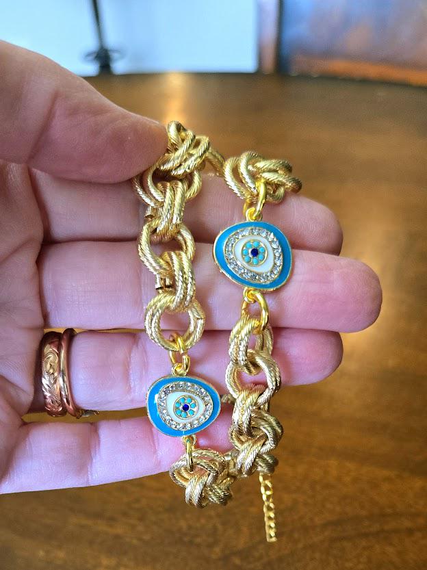 Gold Choker with Enamel Turquoise Evil Eye Connectors- Chunky Gold and Turquoise Choker- Gold and Turquoise Jewelry, Layering Necklace