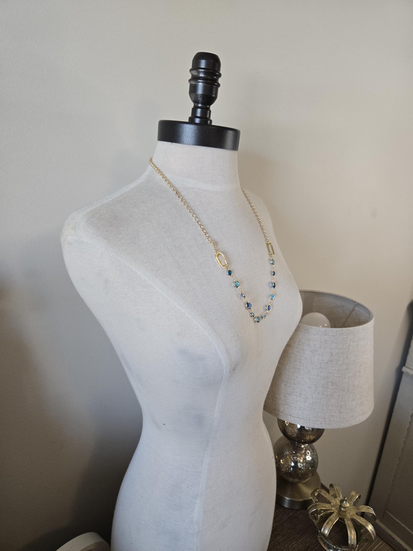 Gold Necklace with Blue Crystals - Gold and Turquoise, Layering Necklace, Gold and Turquoise Jewelry