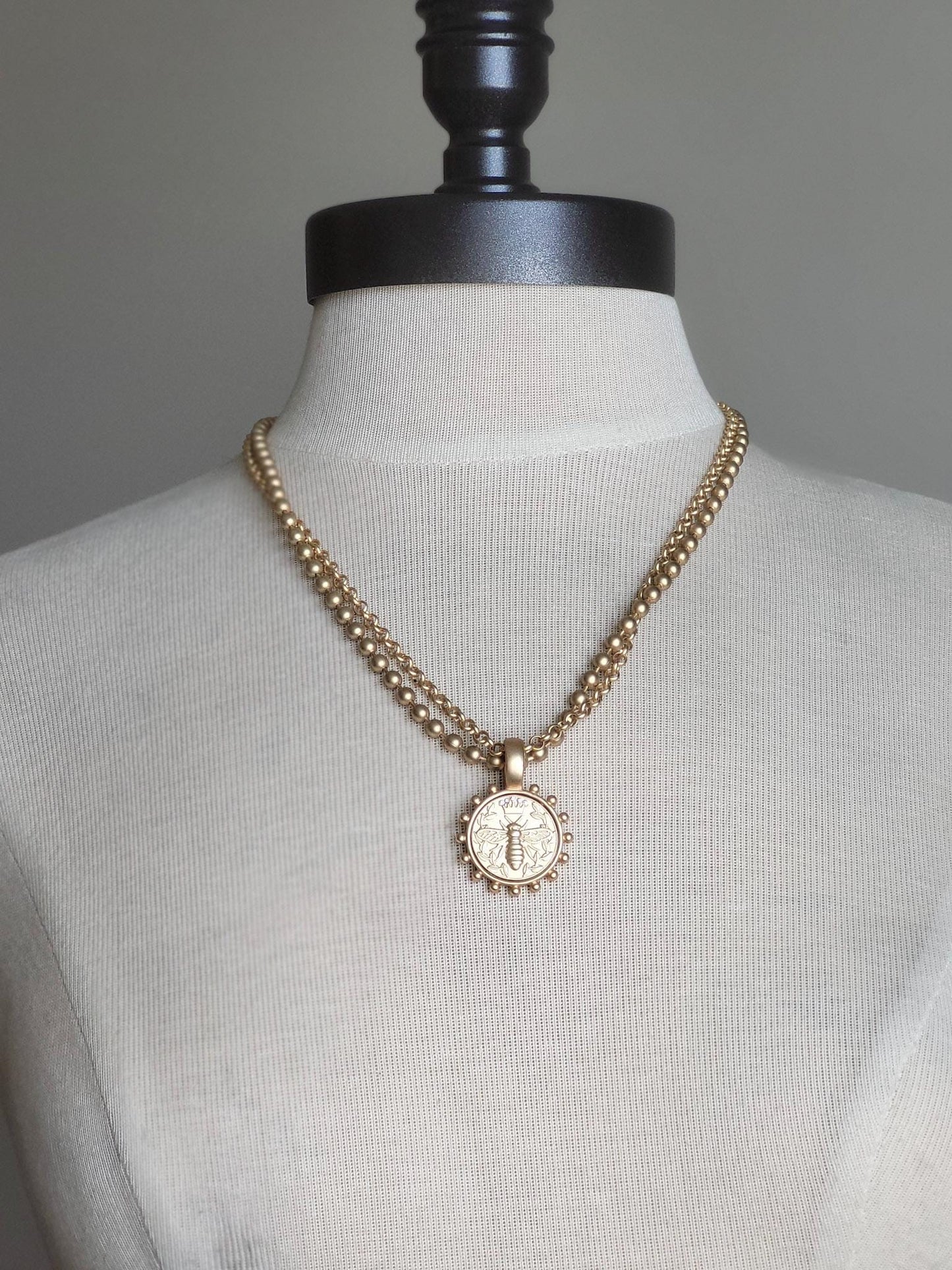 Queen Bee Pendant on multi-strand, matte gold necklace, Handmade Personalized Necklace