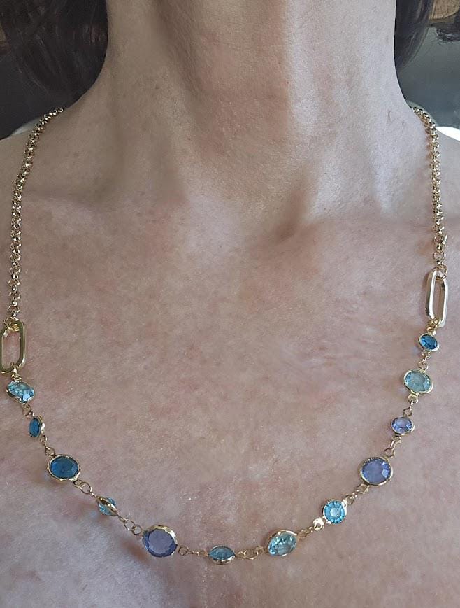 Gold Necklace with Blue Crystals - Gold and Turquoise, Layering Necklace, Gold and Turquoise Jewelry