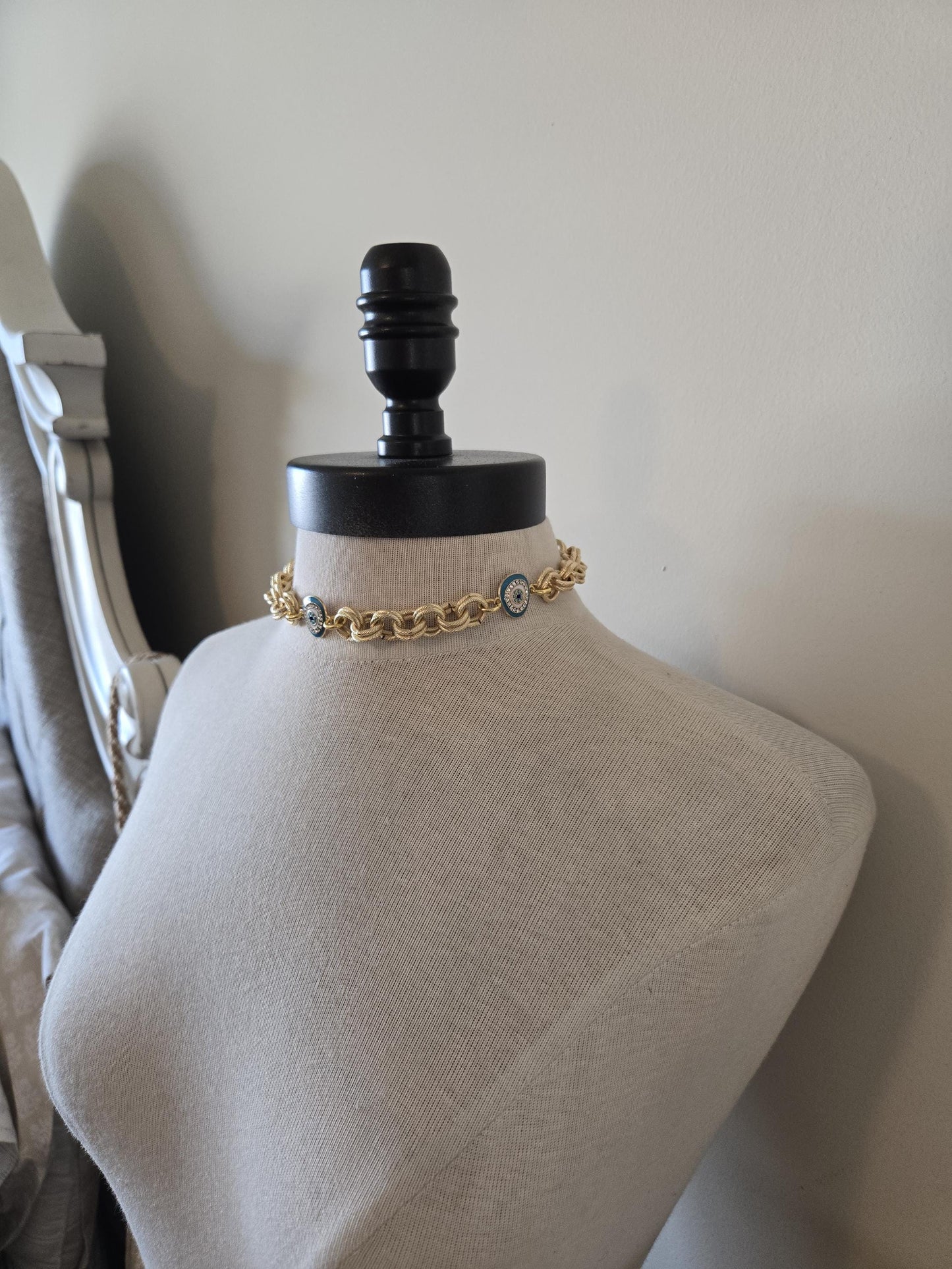 Gold Choker with Enamel Turquoise Evil Eye Connectors- Chunky Gold and Turquoise Choker- Gold and Turquoise Jewelry, Layering Necklace