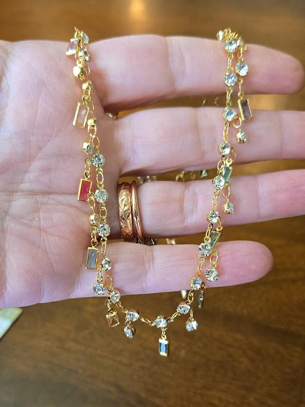 Feminine, Dainty Single Strand Choker with Dangling Crystals -Gold and Turquoise Crystal Necklace, Gold and Turquoise Jewelry - Girly Choker