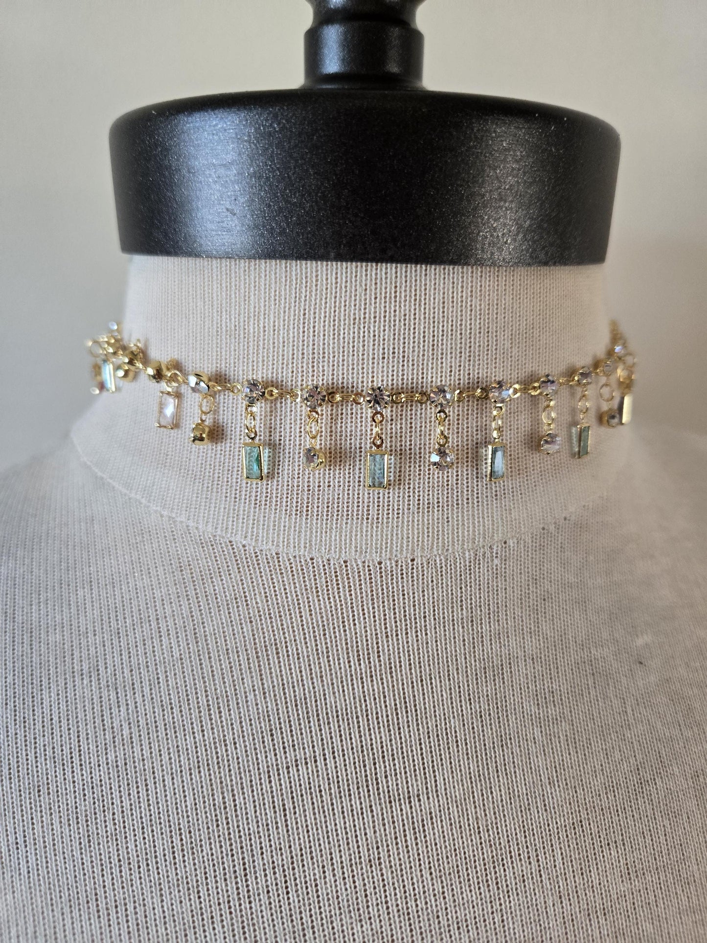 Feminine, Dainty Single Strand Choker with Dangling Crystals -Gold and Turquoise Crystal Necklace, Gold and Turquoise Jewelry - Girly Choker