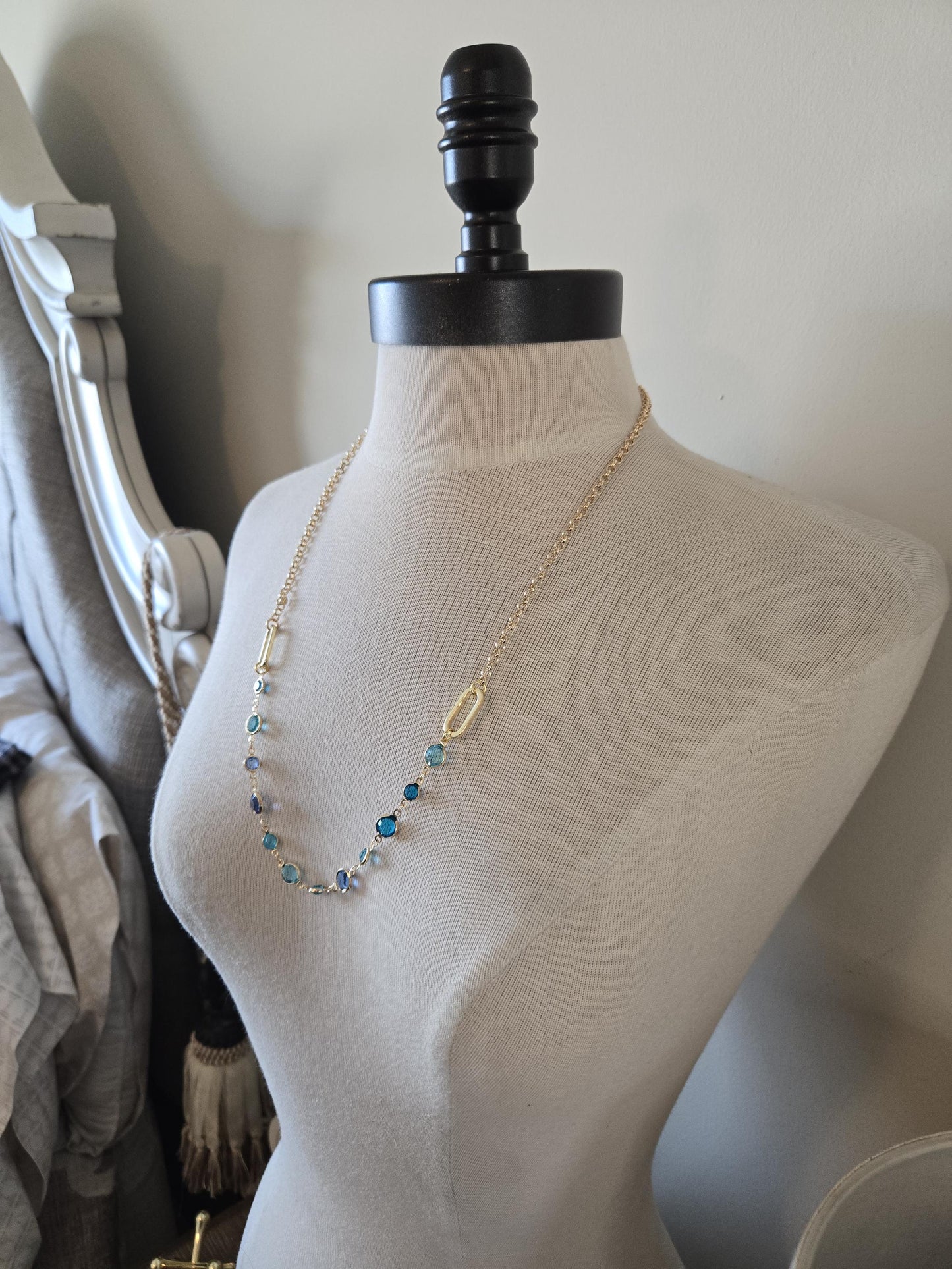 Gold Necklace with Blue Crystals - Gold and Turquoise, Layering Necklace, Gold and Turquoise Jewelry