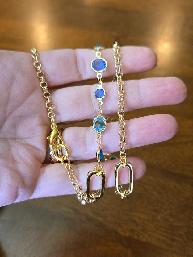 Gold Necklace with Blue Crystals - Gold and Turquoise, Layering Necklace, Gold and Turquoise Jewelry