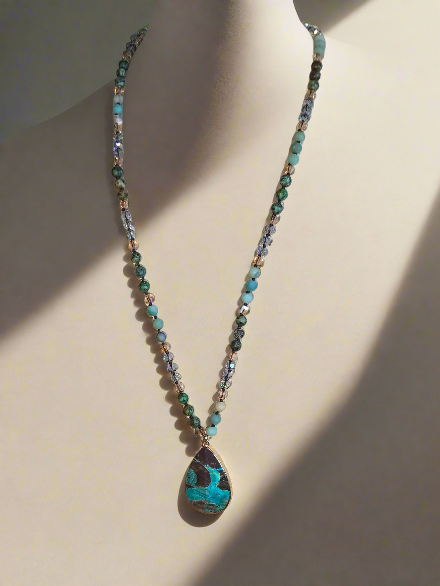 Natural Turquoise Beaded Necklace - Artisan Hand-Knotted Gemstone Jewelry -Handcrafted Gift