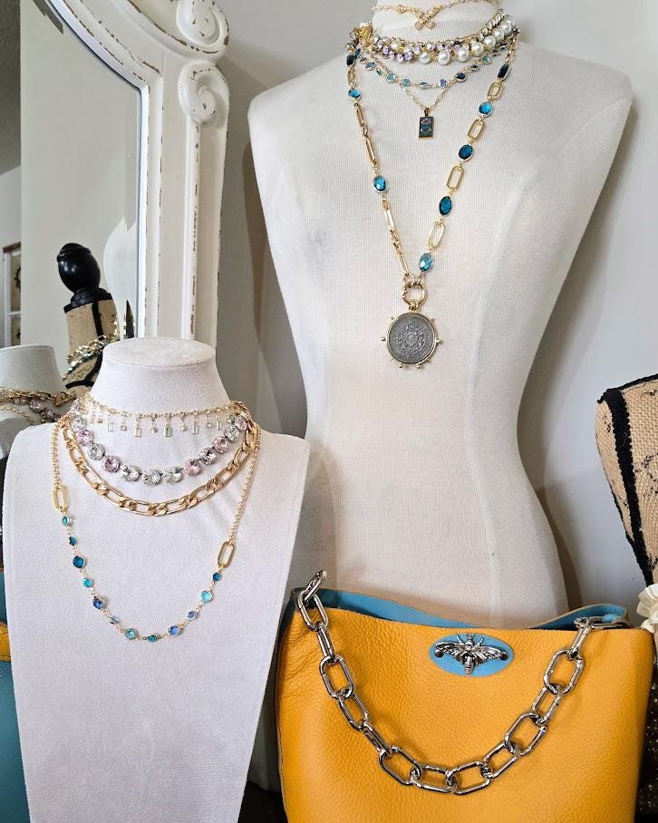 Chunky Gold, Turquoise Toggle Necklace- Statement Necklace with Pearls, Rhinestones, Crystals- Gold and Turquoise Jewelry - Signature Series