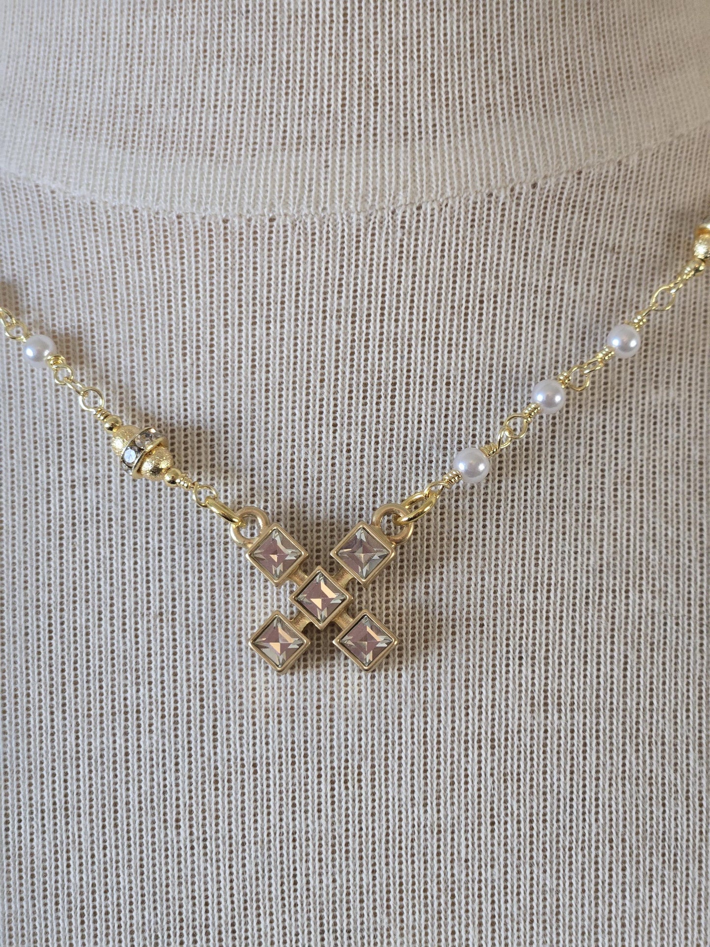 Petite Pearl Choker Necklace with CZ X Pendant - Hugs & Kisses XXOO- Layering Jewelry