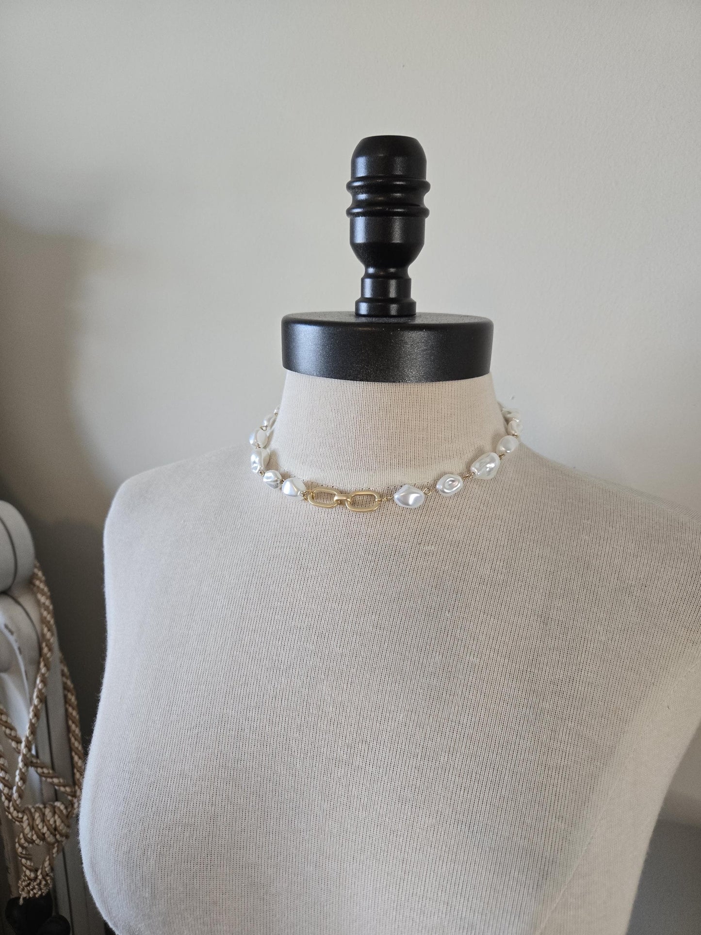 Baroque Pearl Necklace with Sophisticated Matte Gold Focal Connector -Layering Jewelry