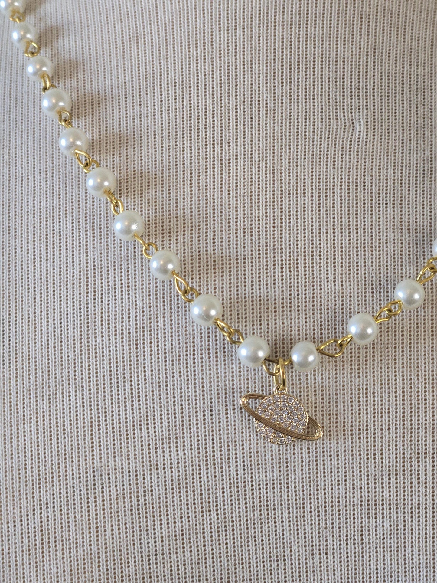 Pearl Necklace- Dainty Planet Charm Necklace: Pearl Beads with Pave Pendant Detail
