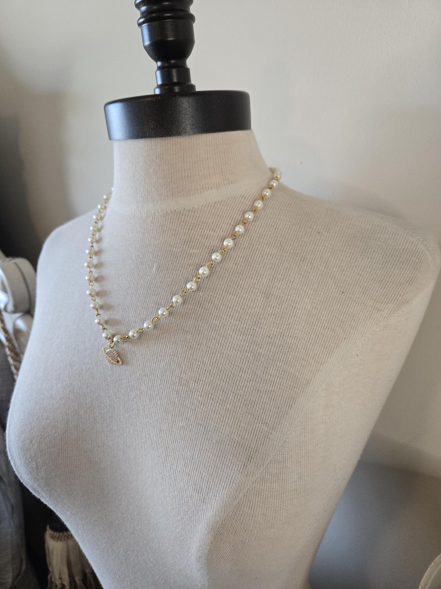 Pearl Necklace- Dainty Planet Charm Necklace: Pearl Beads with Pave Pendant Detail
