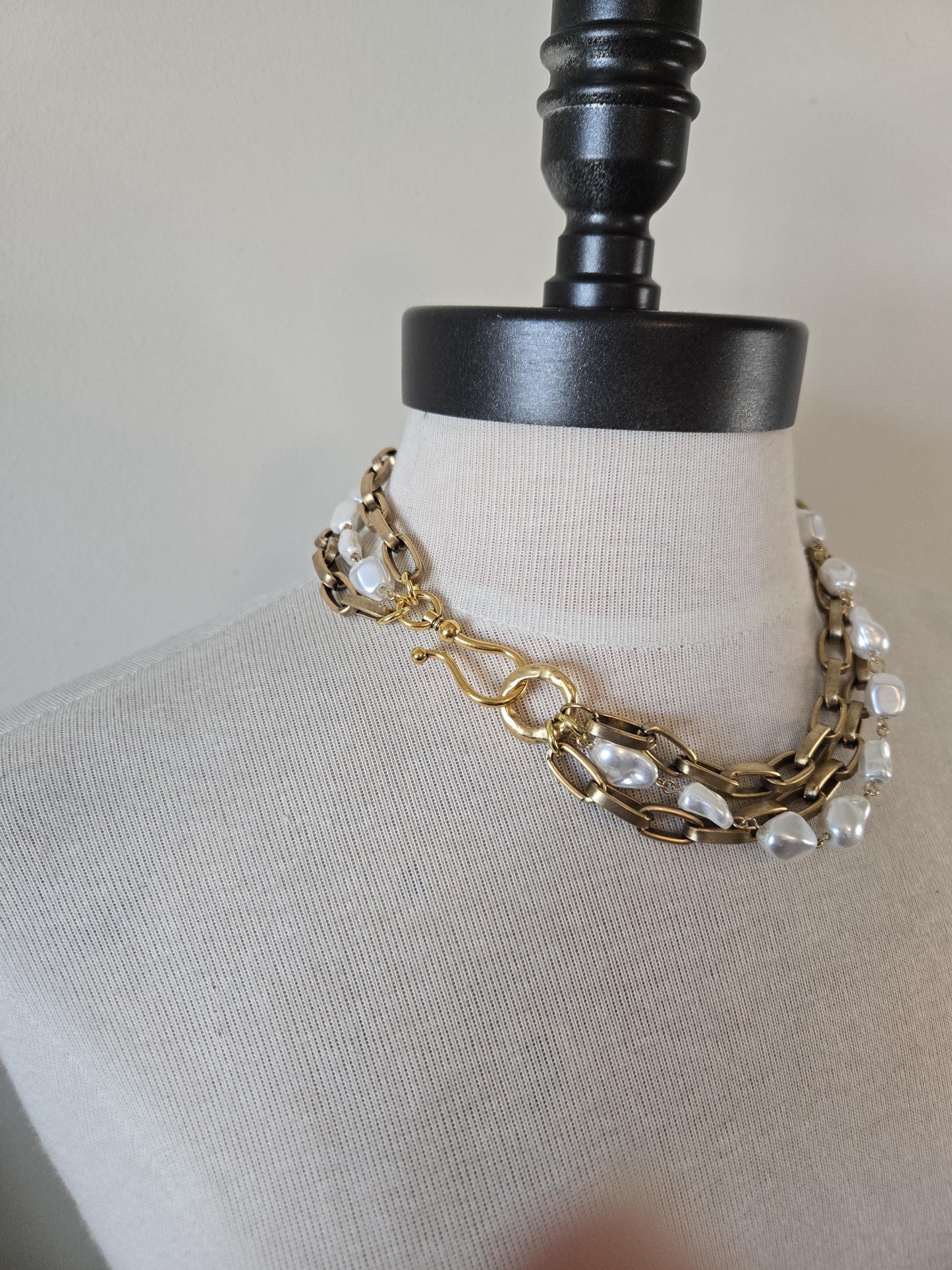 Statement Baroque Pearl Choker - Chunky Gold Oval Link, Multi-Strand Design With Baroque Pearls and large French Hook Clasp