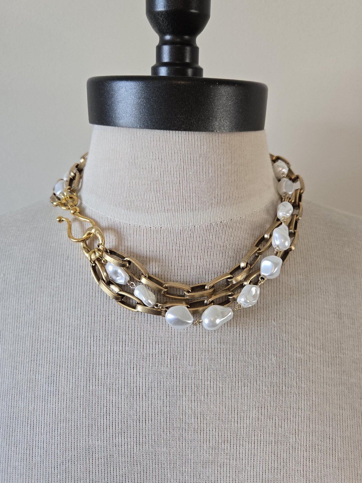 Statement Baroque Pearl Choker - Chunky Gold Oval Link, Multi-Strand Design With Baroque Pearls and large French Hook Clasp