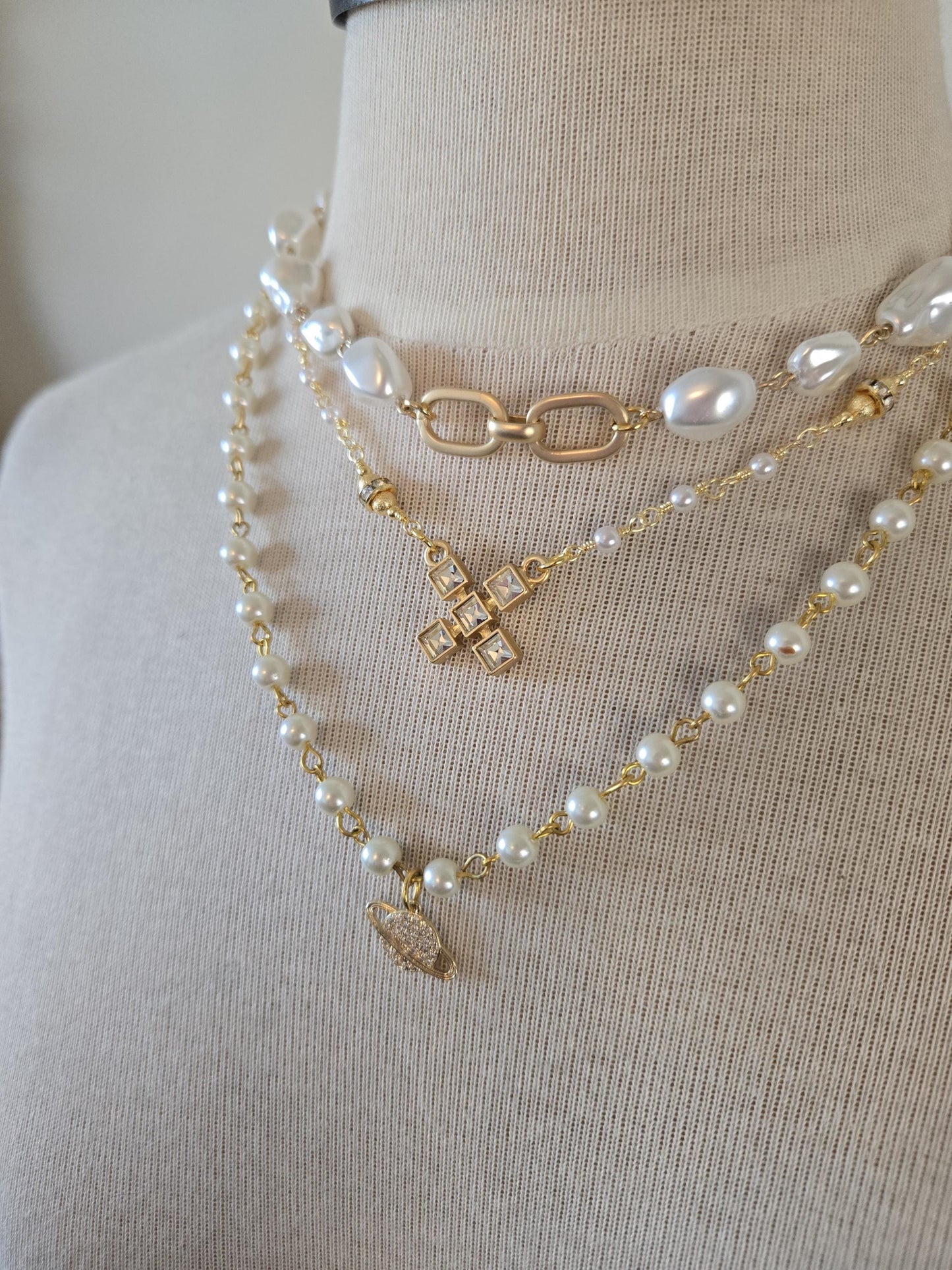 Petite Pearl Choker Necklace with CZ X Pendant - Hugs & Kisses XXOO- Layering Jewelry