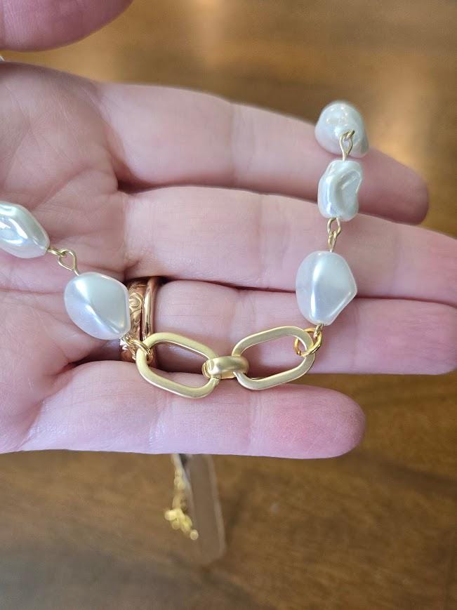 Baroque Pearl Necklace with Sophisticated Matte Gold Focal Connector -Layering Jewelry