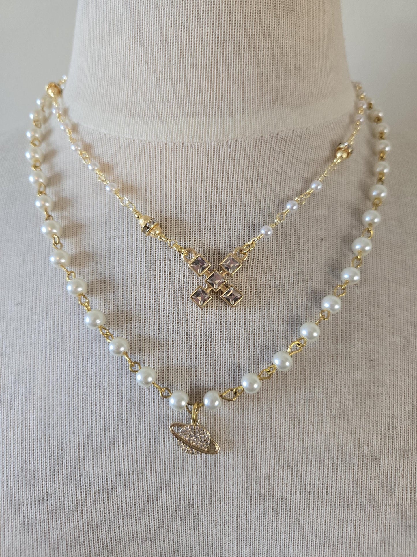 Pearl Necklace- Dainty Planet Charm Necklace: Pearl Beads with Pave Pendant Detail