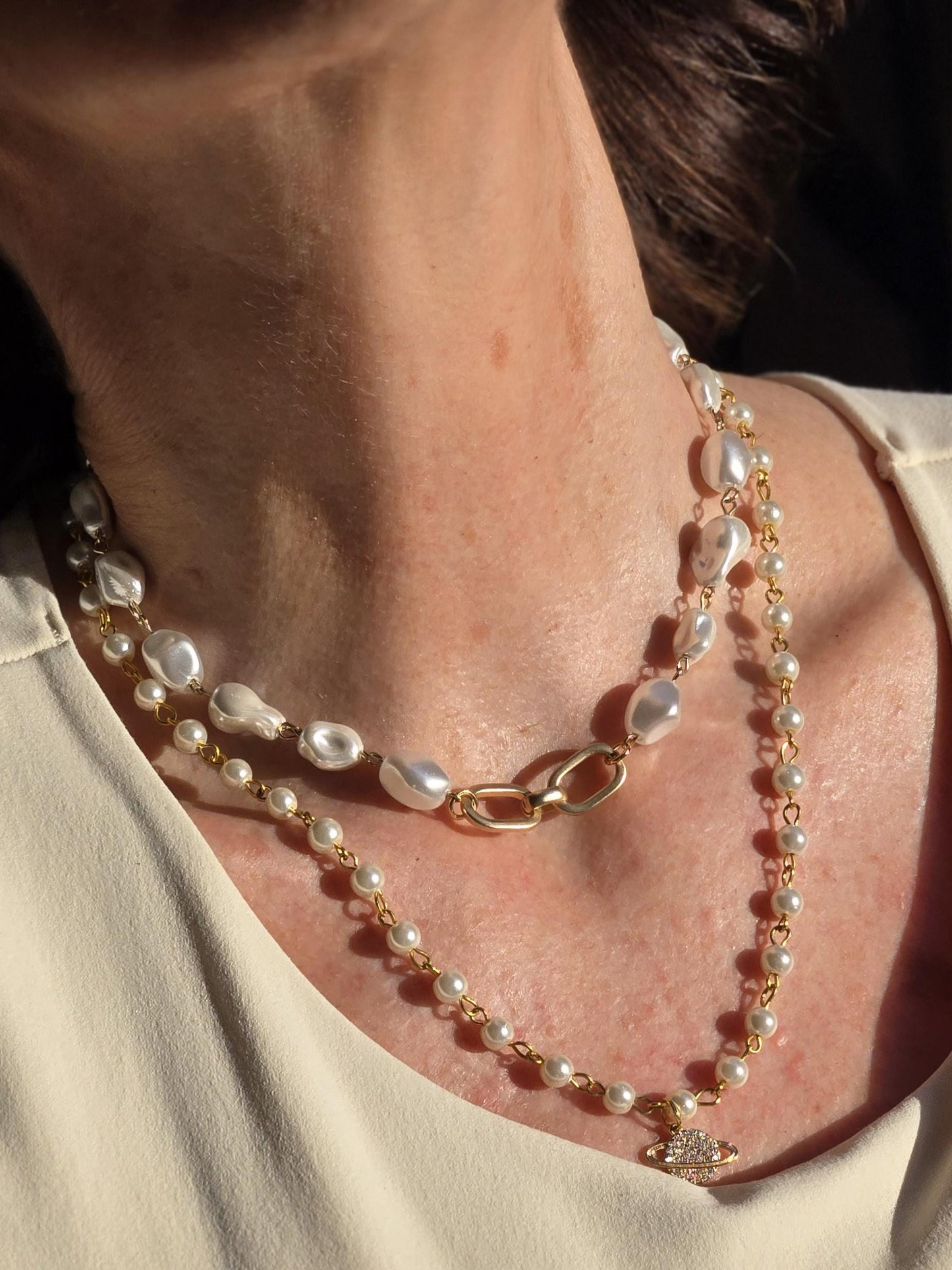 Pearl Necklace- Dainty Planet Charm Necklace: Pearl Beads with Pave Pendant Detail