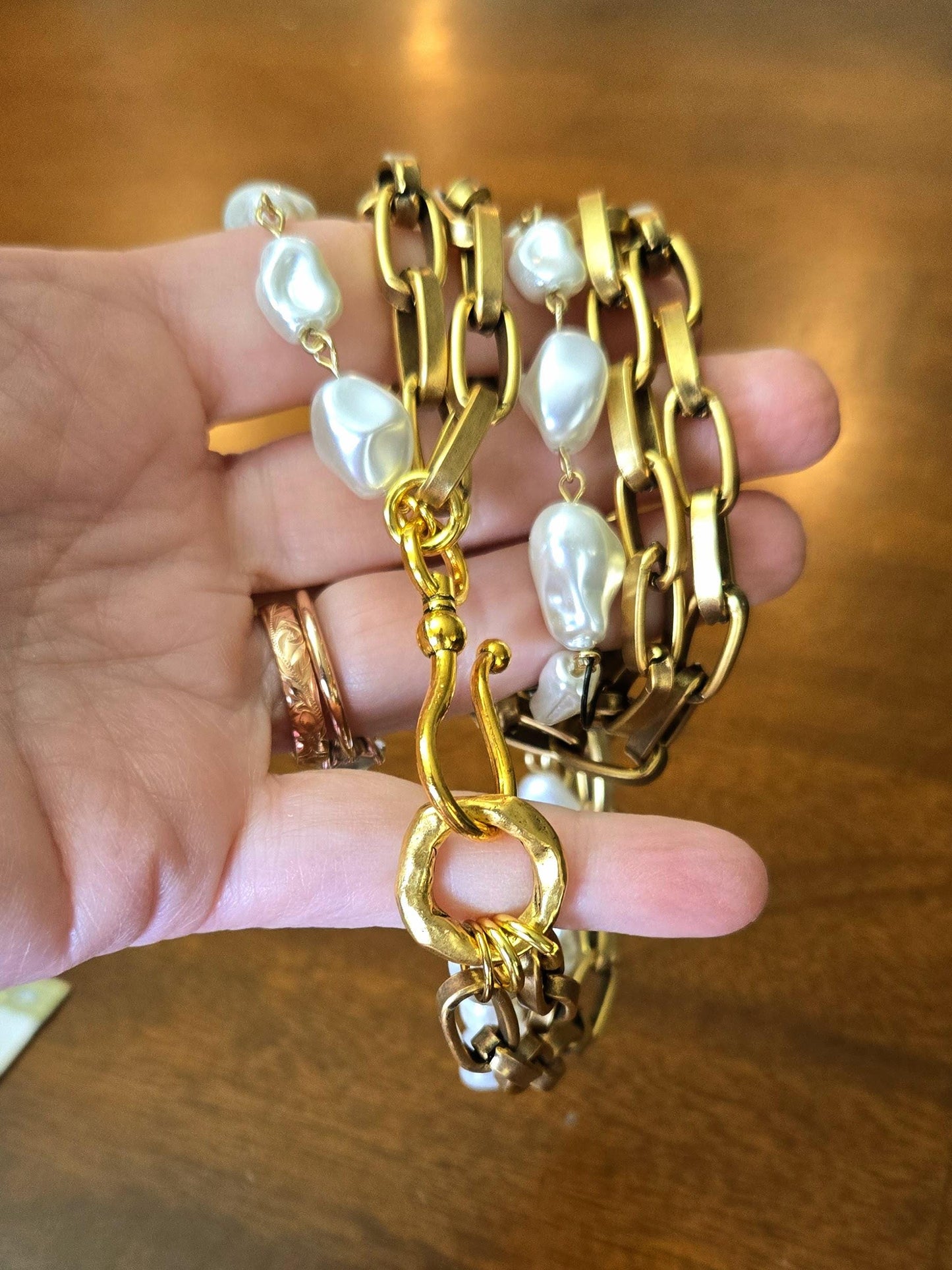 Statement Baroque Pearl Choker - Chunky Gold Oval Link, Multi-Strand Design With Baroque Pearls and large French Hook Clasp