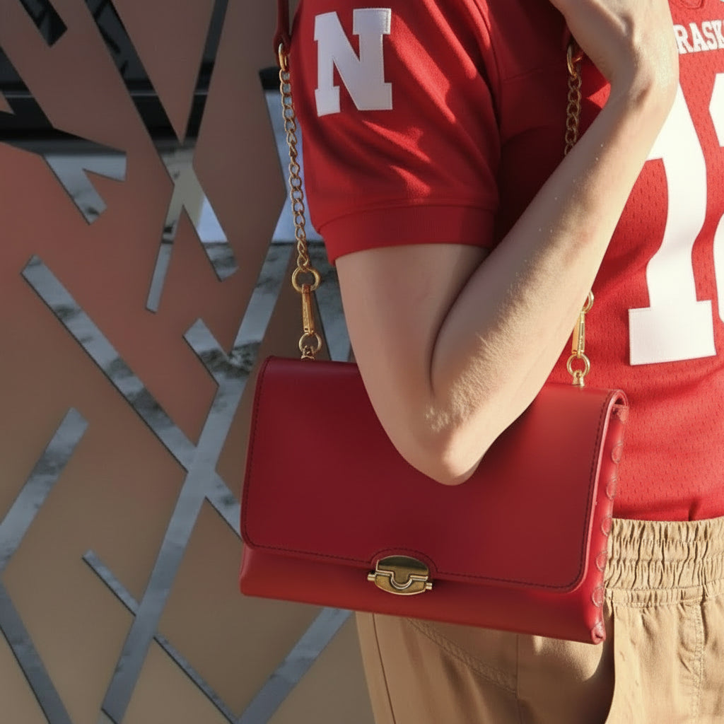 Handcrafted Red Leather Purse With Gold Chain Strap and Cornhusker Lining- Nebraska Cornhusker Football